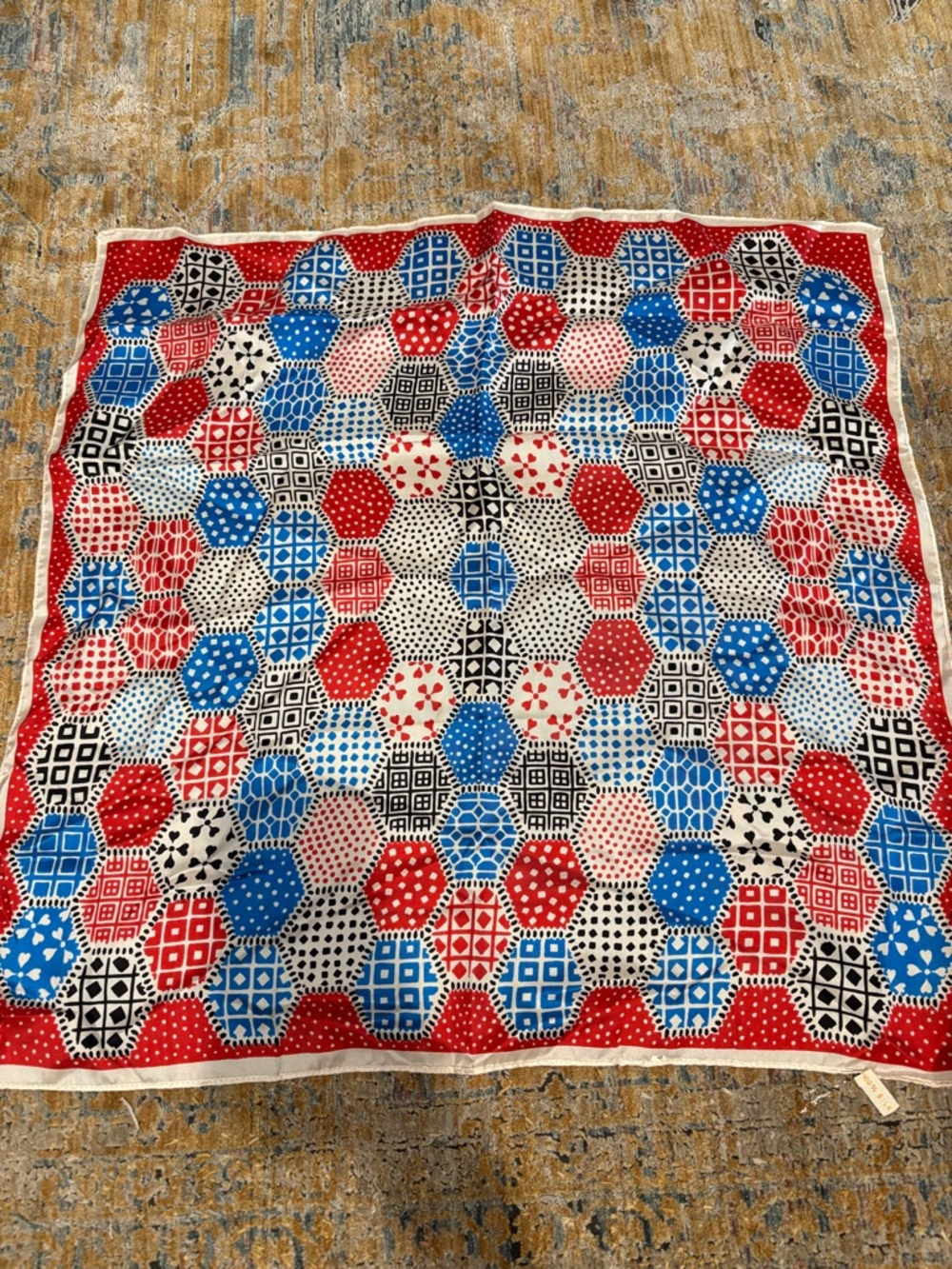 Vintage 60’s Red, Blue & Black Geometric Silk Scarf